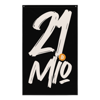 Bitcoin flag showcasing 21 million scarcity symbol on polyester fabric