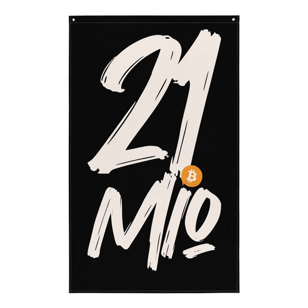 Bitcoin flag showcasing 21 million scarcity symbol on polyester fabric