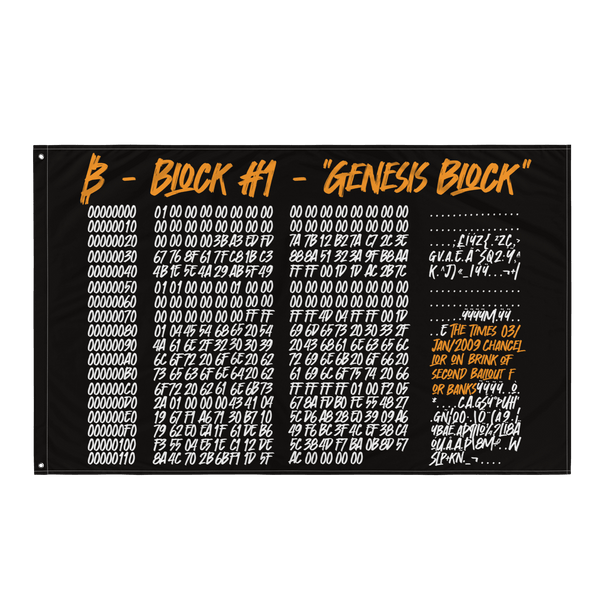 Genesis Block Bitcoin flag made of durable polyester with printed design and iron grommets