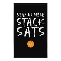 Stay Humble Stack Sats bitcoin flag made of durable polyester fabric with iron grommets for wall display