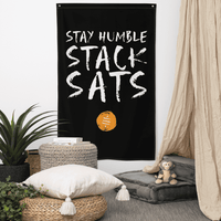 Stay Humble Stack Sats bitcoin flag made of 100% polyester with iron grommets for wall display