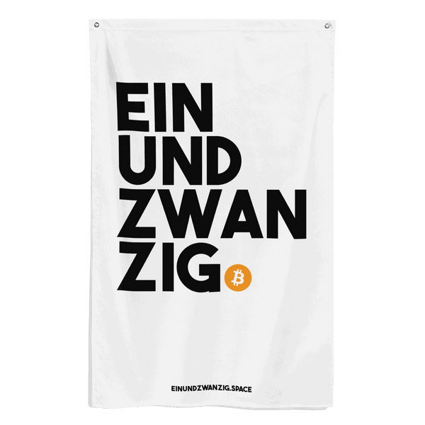 Einundzwanzig Bitcoin flag made of 100% polyester with Bitcoin logo and iron grommets displayed on a wall