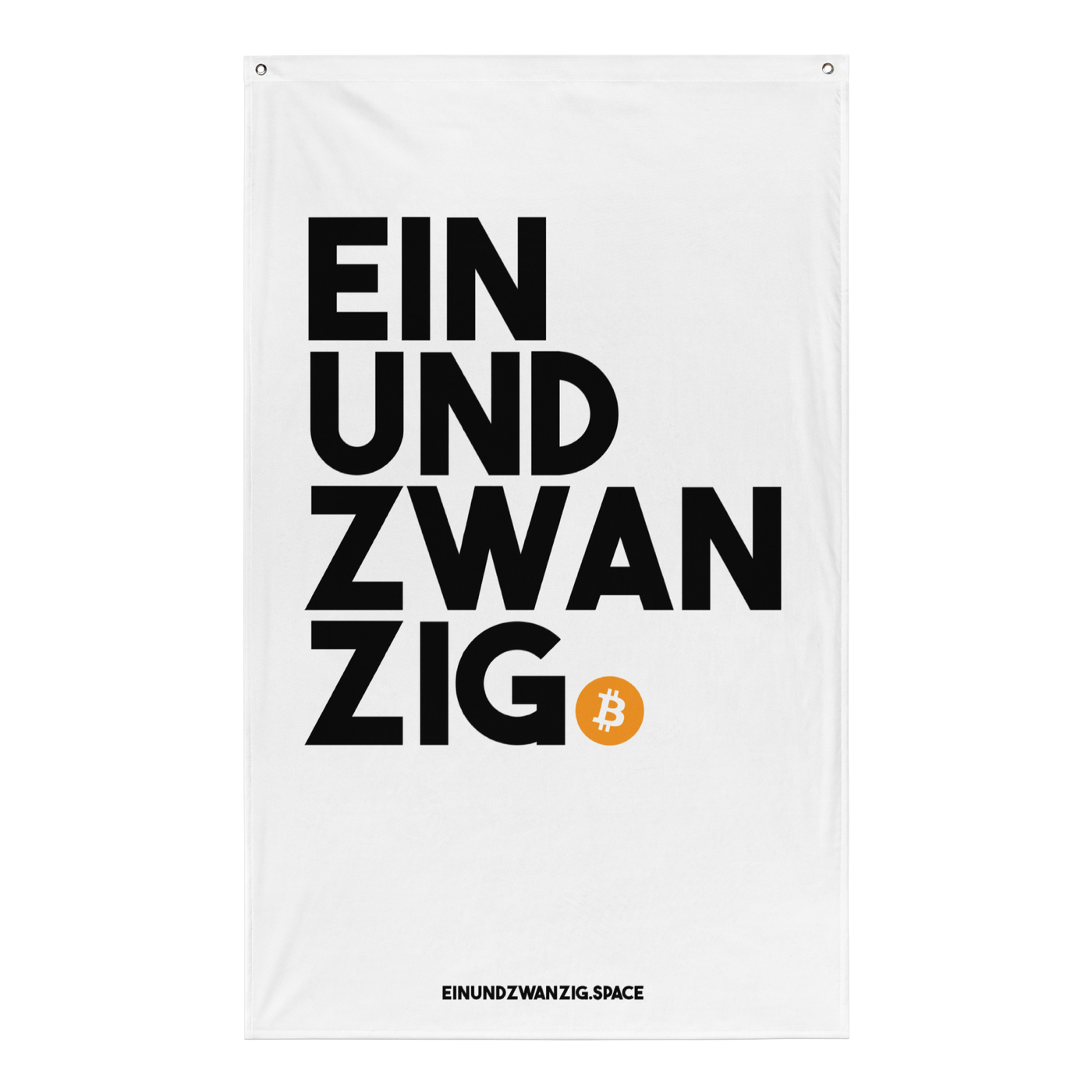 Einundzwanzig bitcoin flag, front view: Einundzwanzig stacked in black block letters with an orange bitcoin coin.