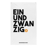 Einundzwanzig bitcoin flag, front view: Einundzwanzig stacked in black block letters with an orange bitcoin coin.