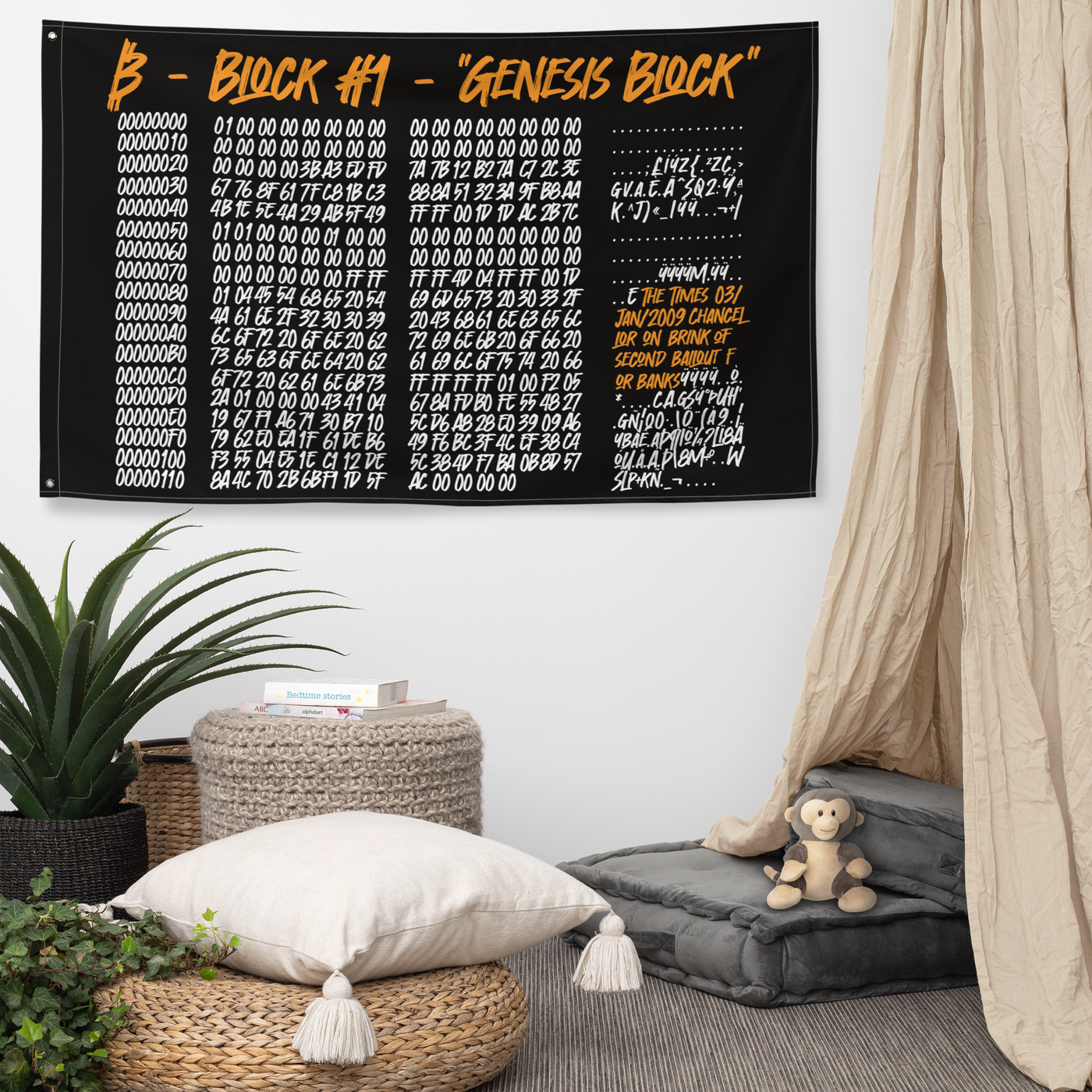 Genesis Block bitcoin flag, hanging on a wall above a seating corner.