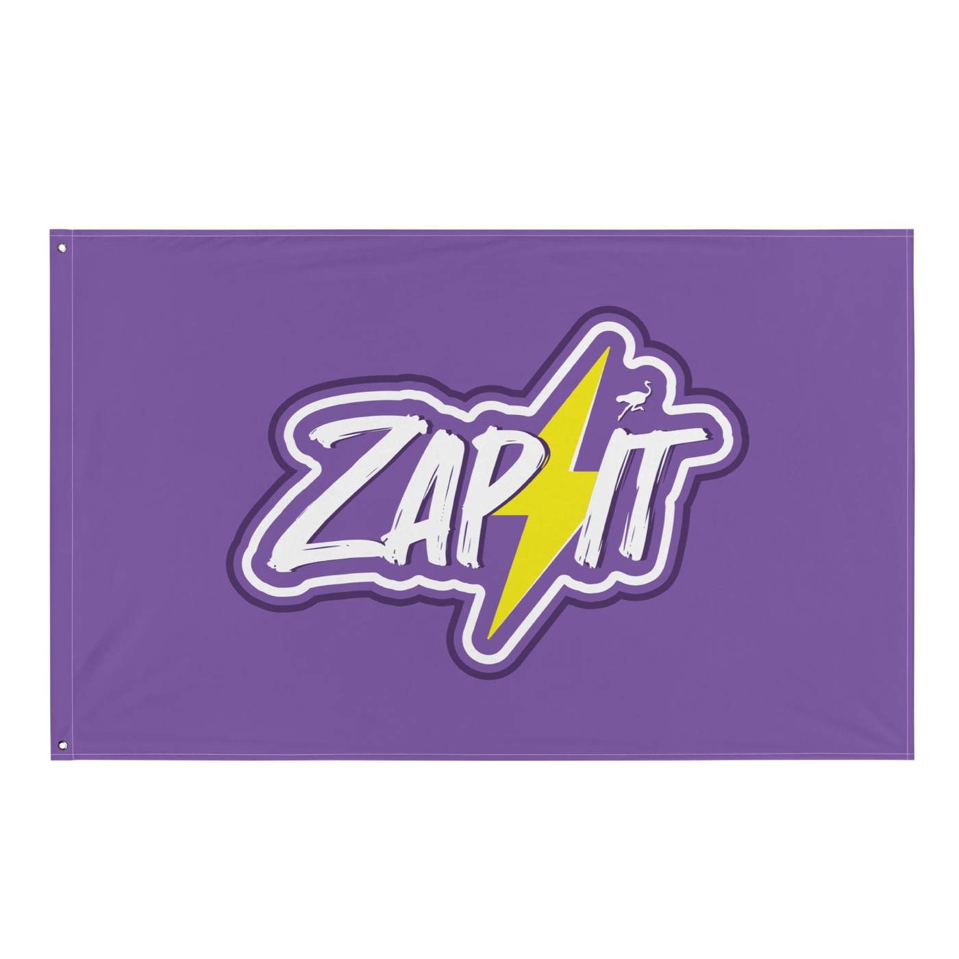 Zap It nostr flag, front view: ZAP IT in white brush lettering on purple, split by a yellow lightning bolt with a small ostrich perched on it.