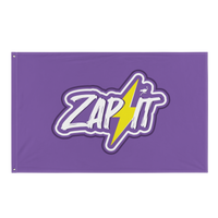 Zap It nostr flag, front view: ZAP IT in white brush lettering on purple, split by a yellow lightning bolt with a small ostrich perched on it.