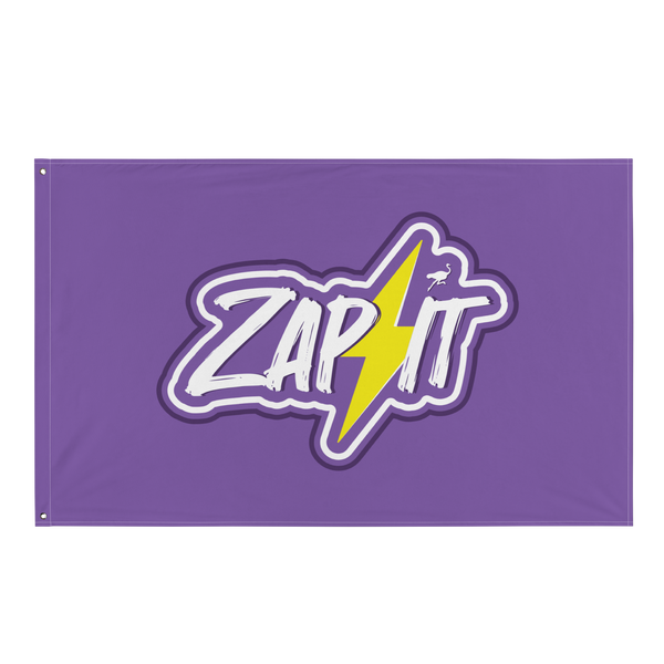 Zap It nostr flag, front view: ZAP IT in white brush lettering on purple, split by a yellow lightning bolt with a small ostrich perched on it.