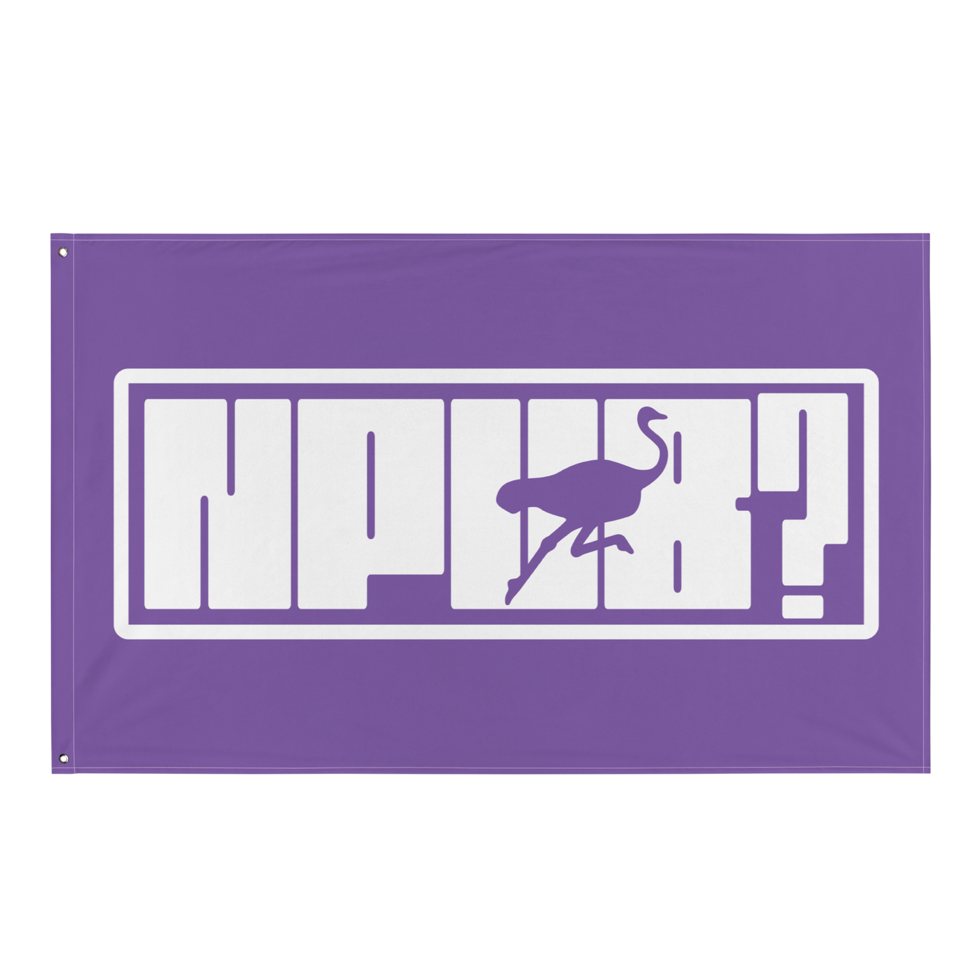 nPub? nostr flag, front view: nPub? in white block letters inside an outlined box on purple, the letter u formed by an ostrich silhouette.