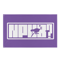 nPub? nostr flag, front view: nPub? in white block letters inside an outlined box on purple, the letter u formed by an ostrich silhouette.