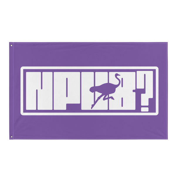 nPub? nostr flag, front view: nPub? in white block letters inside an outlined box on purple, the letter u formed by an ostrich silhouette.