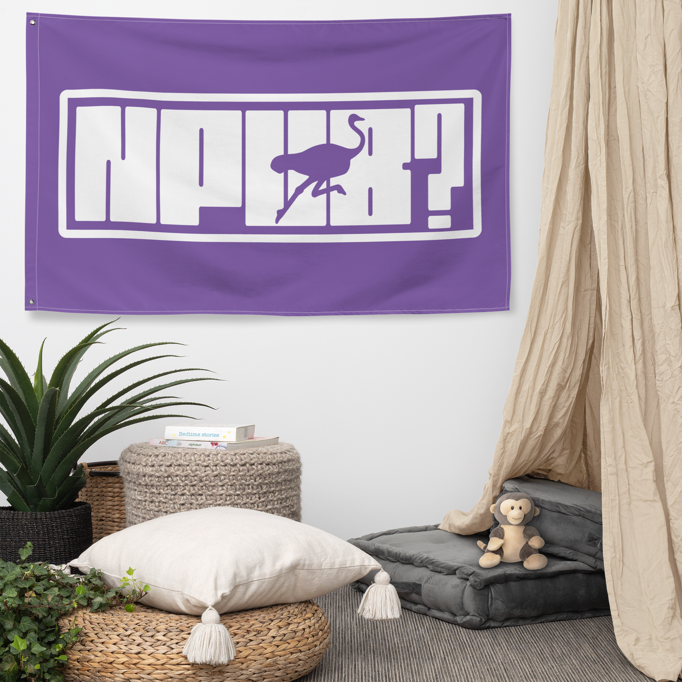 nPub? nostr flag, hanging on a wall above a seating corner.