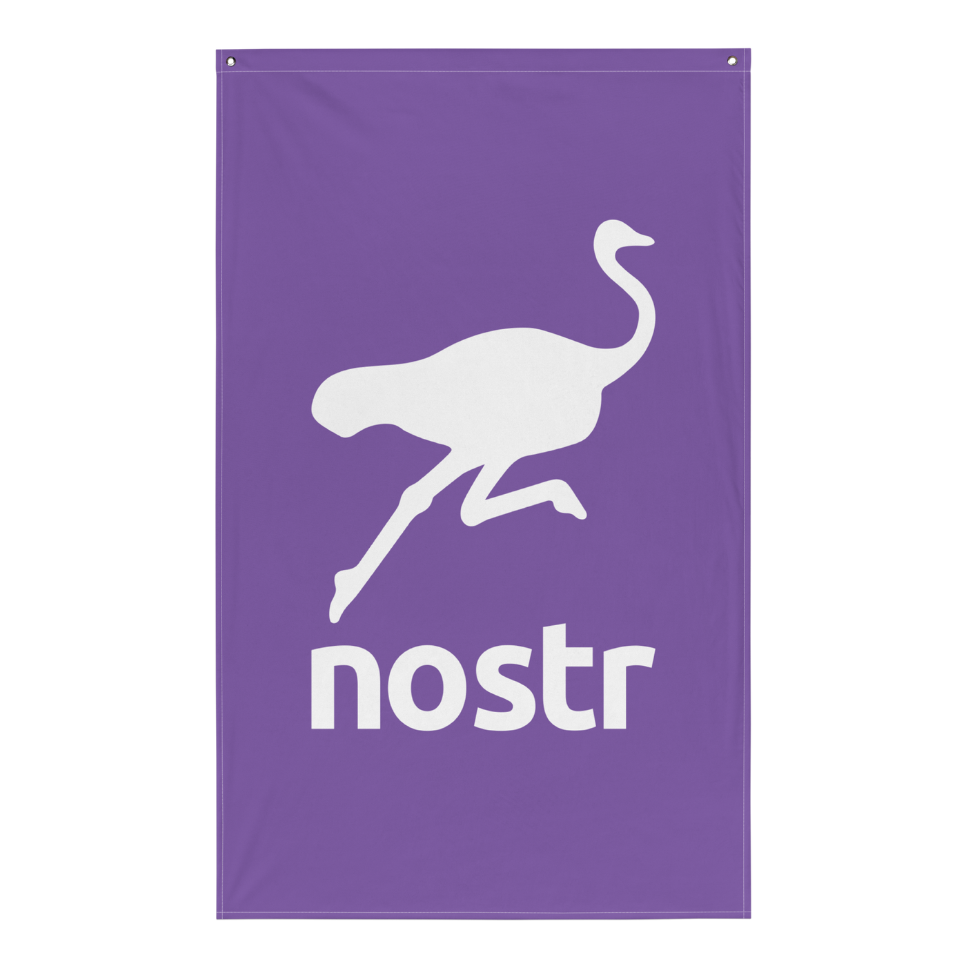Nostr flag, front view: a white running ostrich above the lowercase nostr wordmark on purple.