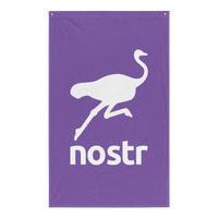 Nostr flag, front view: a white running ostrich above the lowercase nostr wordmark on purple.