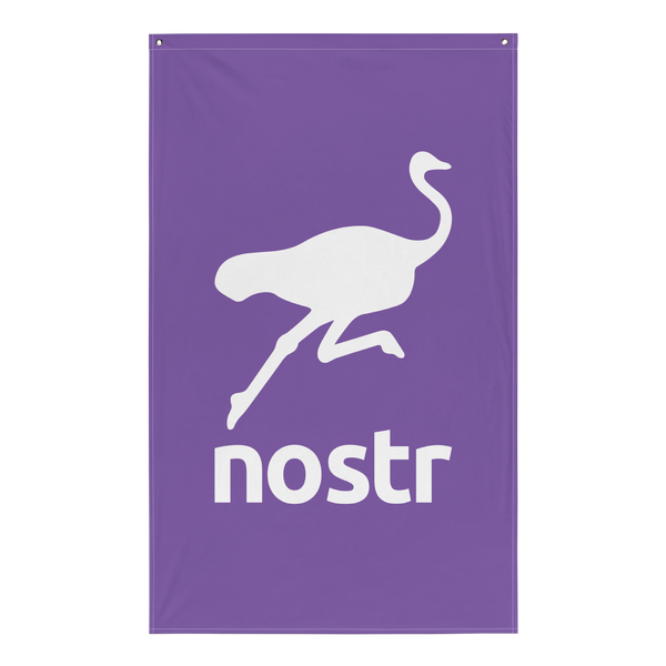 Nostr flag, front view: a white running ostrich above the lowercase nostr wordmark on purple.