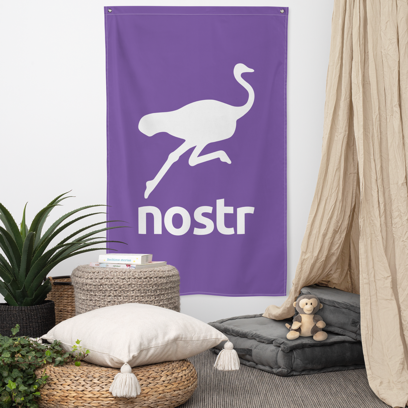 Nostr nostr flag, hanging on a wall above a seating corner.