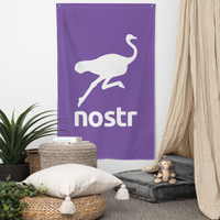 Nostr nostr flag, hanging on a wall above a seating corner.