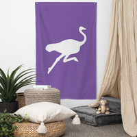 Nostrich nostr flag, hanging on a wall above a seating corner.