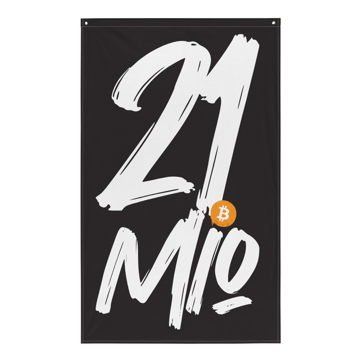 21 Million bitcoin flag, front view: 21 Mio. in large white brush lettering on black, the dot replaced by a small orange bitcoin coin.