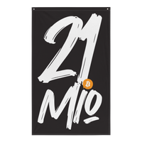 21 Million bitcoin flag, front view: 21 Mio. in large white brush lettering on black, the dot replaced by a small orange bitcoin coin.
