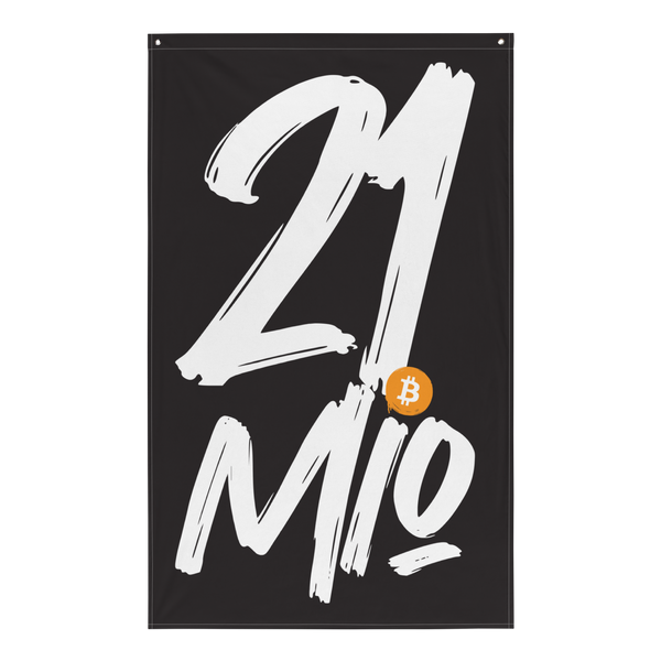 21 Million bitcoin flag, front view: 21 Mio. in large white brush lettering on black, the dot replaced by a small orange bitcoin coin.