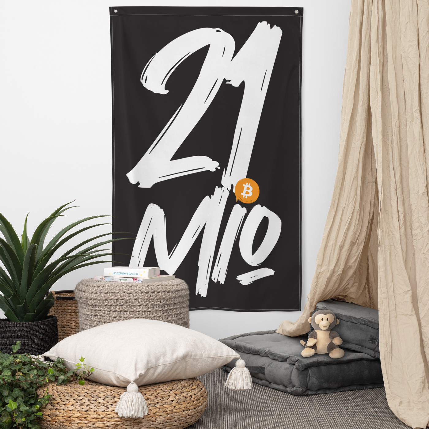 21 Million bitcoin flag, hanging on a wall above a seating corner.