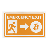 Emergency Exit bitcoin flag, front view: an emergency exit sign in orange and white, the running figure heading through the doorway and an arrow pointing to a bitcoin coin.