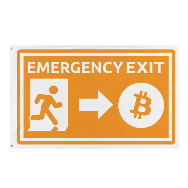 Emergency Exit bitcoin flag, front view: an orange emergency exit sign where the running figure heads towards a bitcoin symbol.