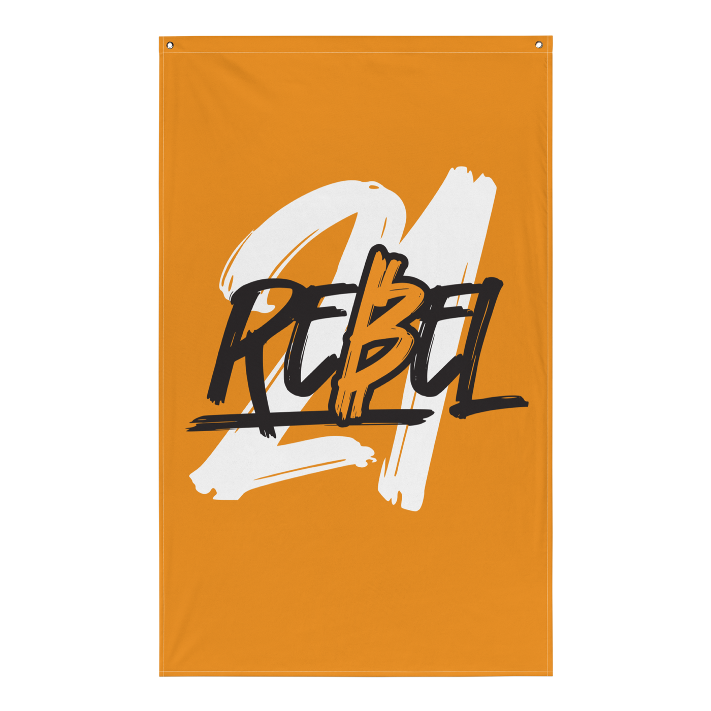 21 Rebel bitcoin flag, front view: a broad white brush 21 on orange with REBEL written across it in black brush lettering.