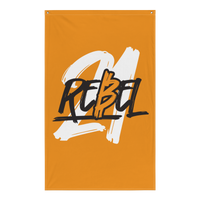 21 Rebel bitcoin flag, front view: a broad white brush 21 on orange with REBEL written across it in black brush lettering.