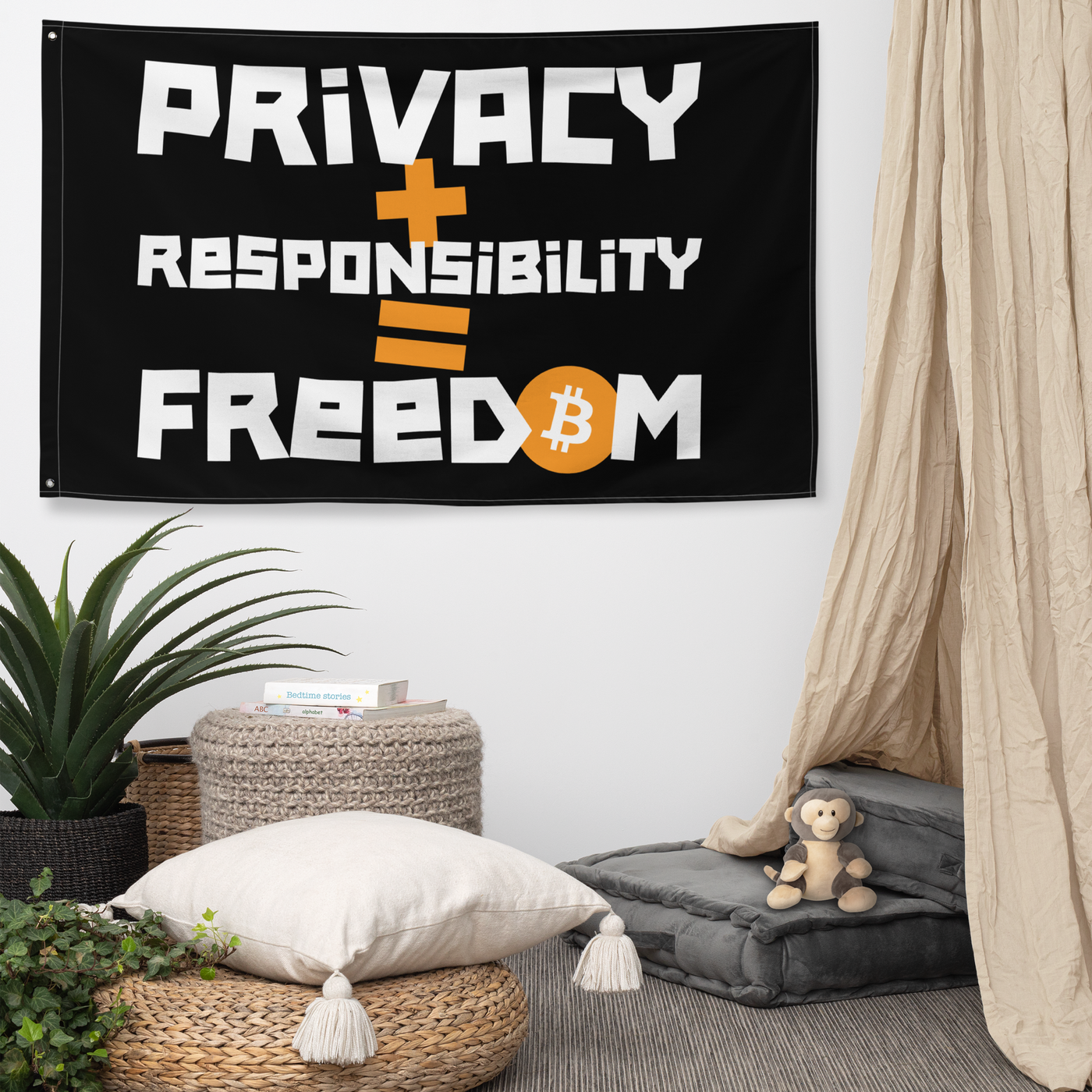 Privacy + Responsibility = Freedom bitcoin flag, hanging on a wall above a seating corner.