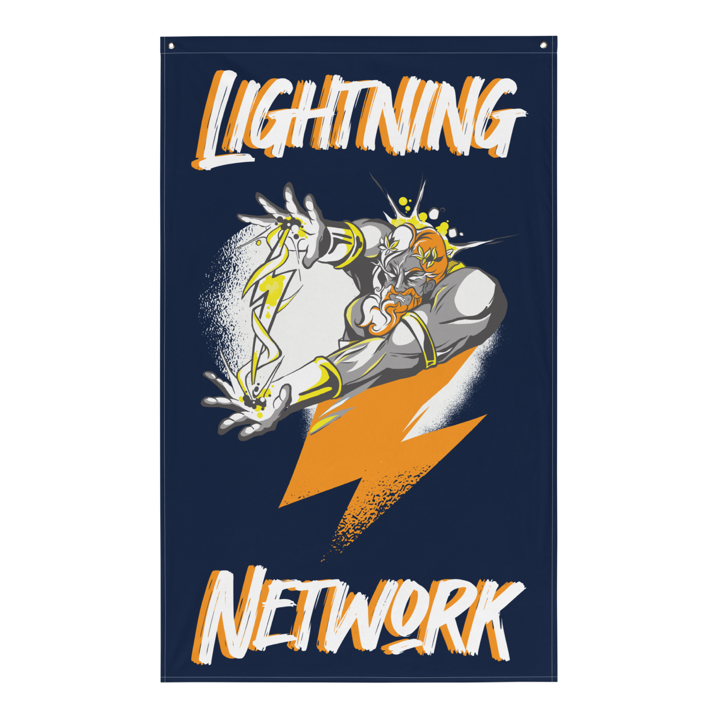Zeus Supporter bitcoin flag, front view: LIGHTNING above and NETWORK below in white and orange brush lettering on navy, with an armoured figure hurling a large orange lightning bolt.