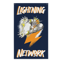 Zeus Supporter bitcoin flag, front view: LIGHTNING above and NETWORK below in white and orange brush lettering on navy, with an armoured figure hurling a large orange lightning bolt.