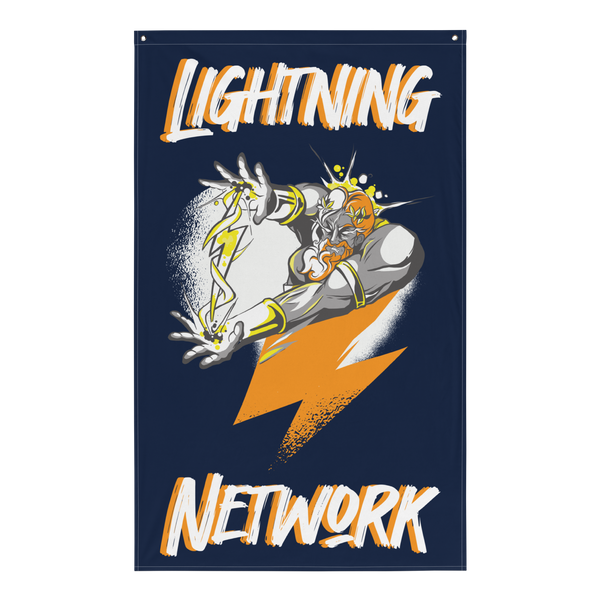Zeus Supporter bitcoin flag, front view: LIGHTNING above and NETWORK below in white and orange brush lettering on navy, with an armoured figure hurling a large orange lightning bolt.