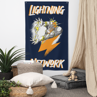 Zeus Supporter bitcoin flag, hanging on a wall above a seating corner.