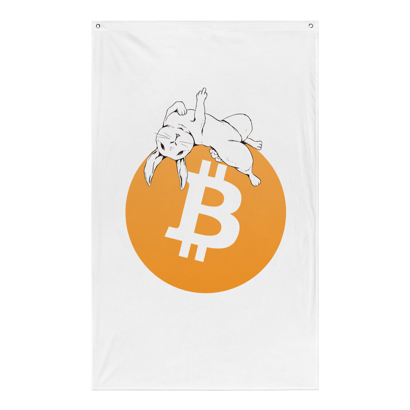 F*** Fiat Money bitcoin flag, front view: a white rabbit lounging across a large orange bitcoin circle on white.