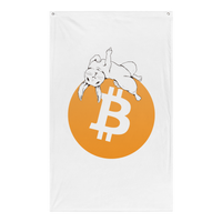F*** Fiat Money bitcoin flag, front view: a white rabbit lounging across a large orange bitcoin circle on white.