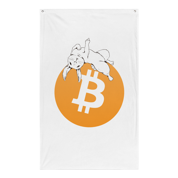 F*** Fiat Money bitcoin flag, front view: a white rabbit lounging across a large orange bitcoin circle on white.