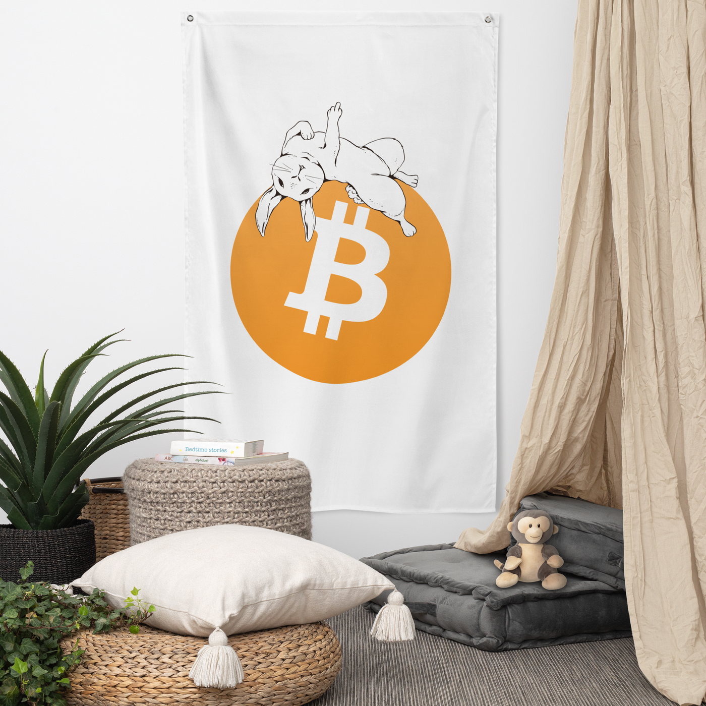 F*** Fiat Money bitcoin flag, hanging on a wall above a seating corner.