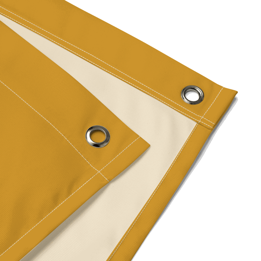 Bitcoin flag with orange and black design, polyester fabric, and iron grommets for wall display