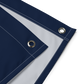 Detailed view of the eyelets of the blue bitcoin flag.