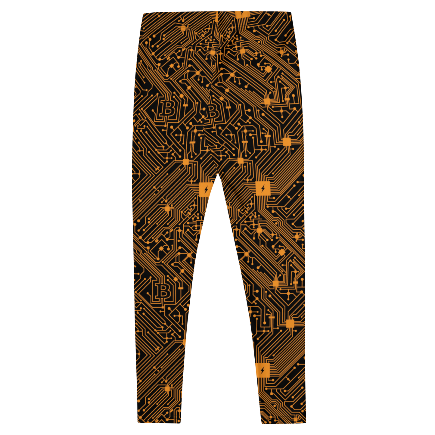 Back view of orange and black bitcoin leggings.