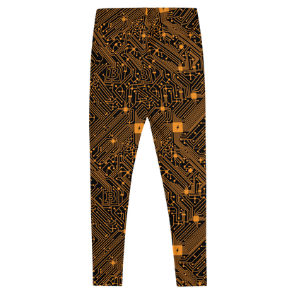 Back view of orange and black bitcoin leggings.