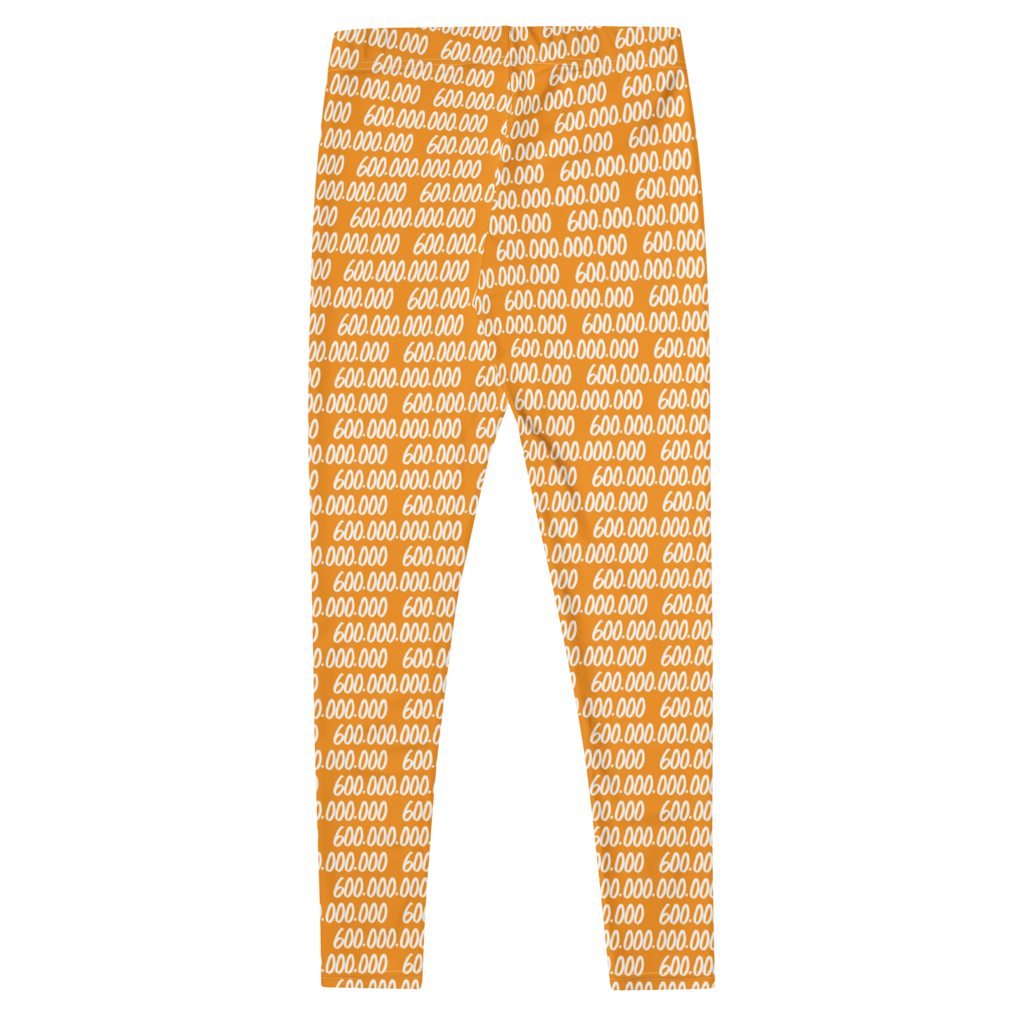 Back view of orange bitcoin leggings.