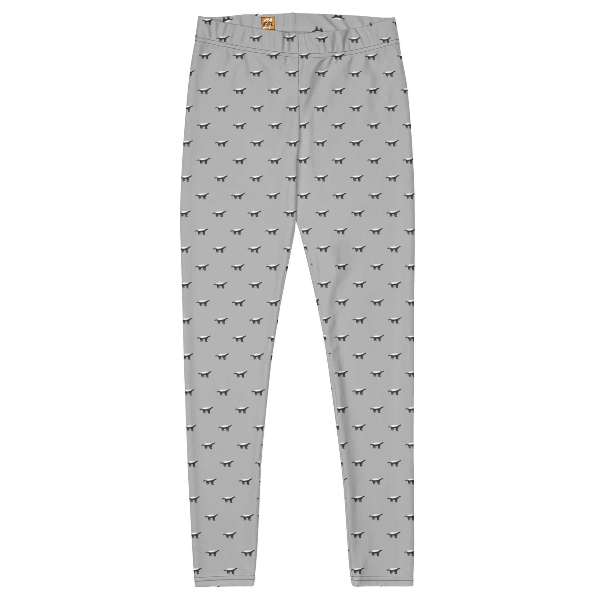 Front view of grey bitcoin leggings.