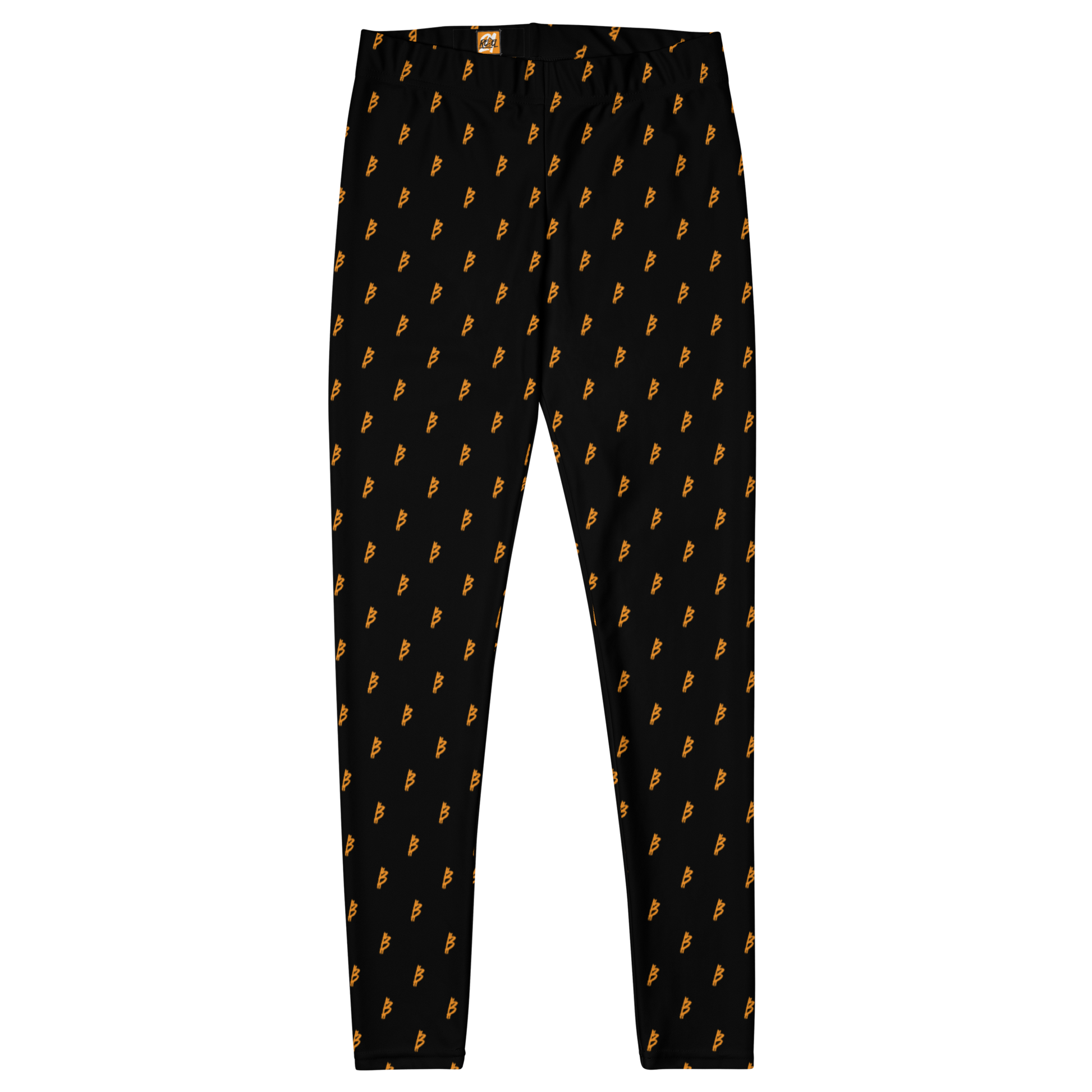 Front view of black bitcoin leggings.