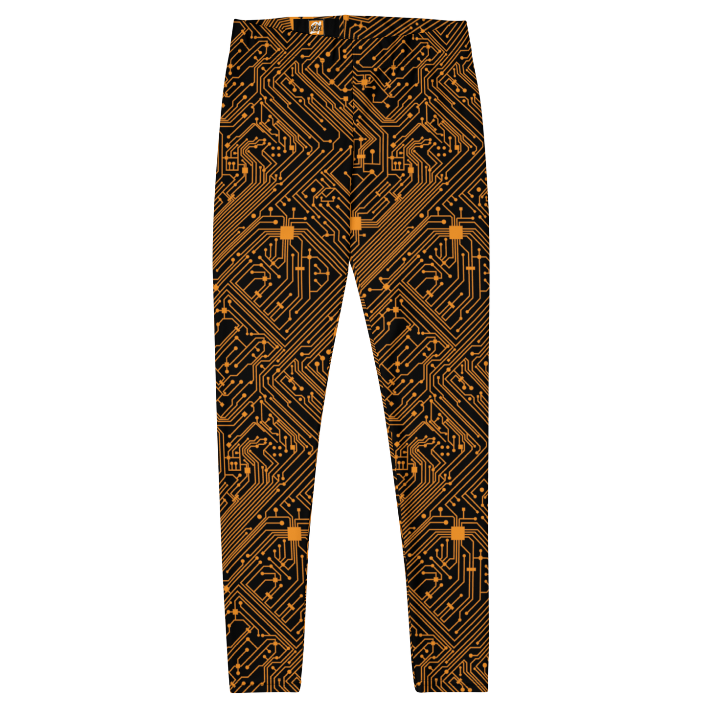 Front view of orange and black bitcoin leggings.