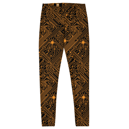 Front view of orange and black bitcoin leggings.