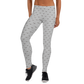 Front view of a woman wearing grey bitcoin leggings.