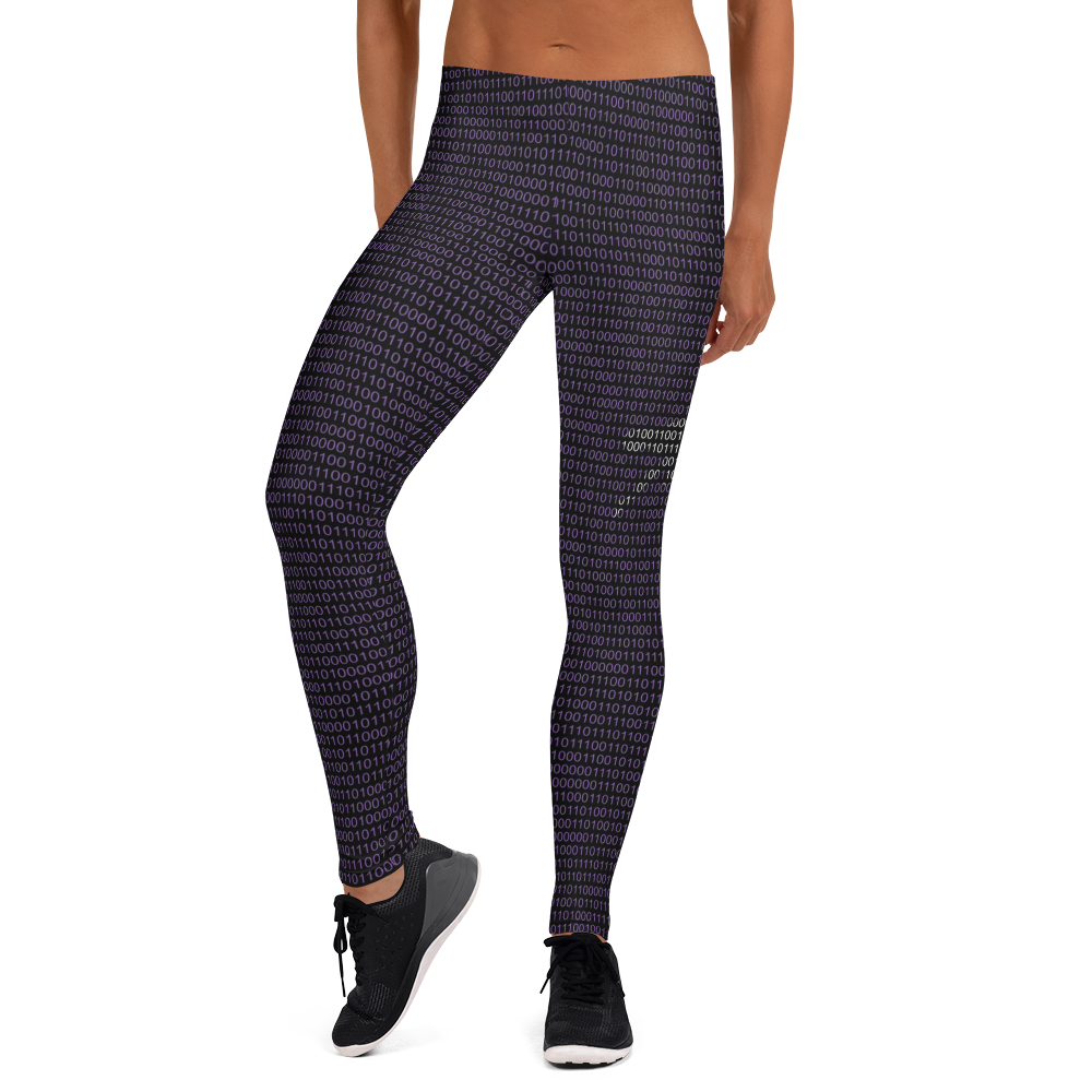 Front view of a woman wearing purple nostr leggings.